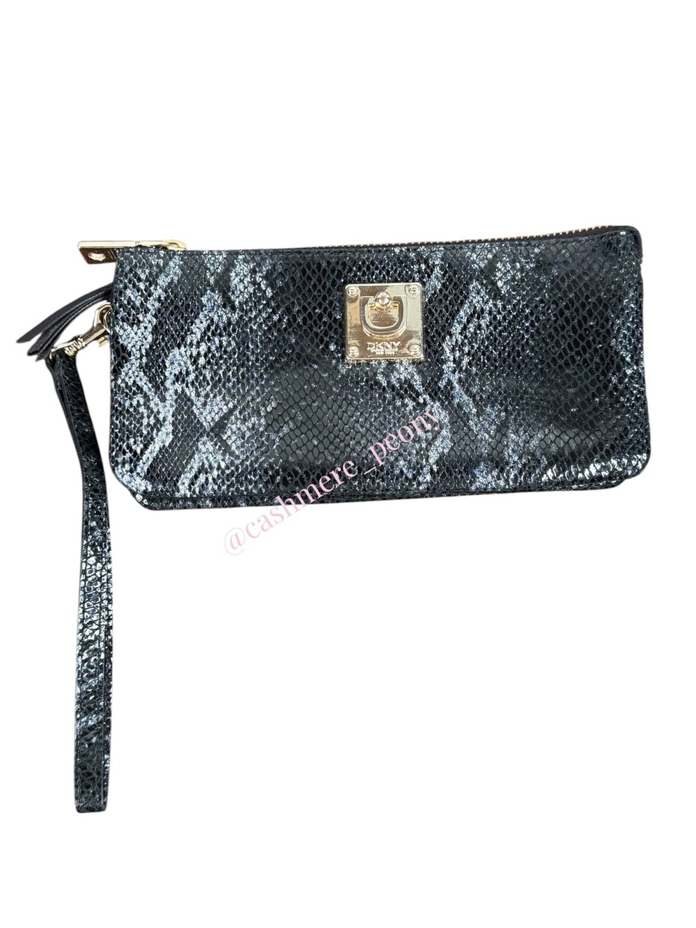 DKNY Black Snake-Print Wristlet Clutch Wallet with Gold Hardware